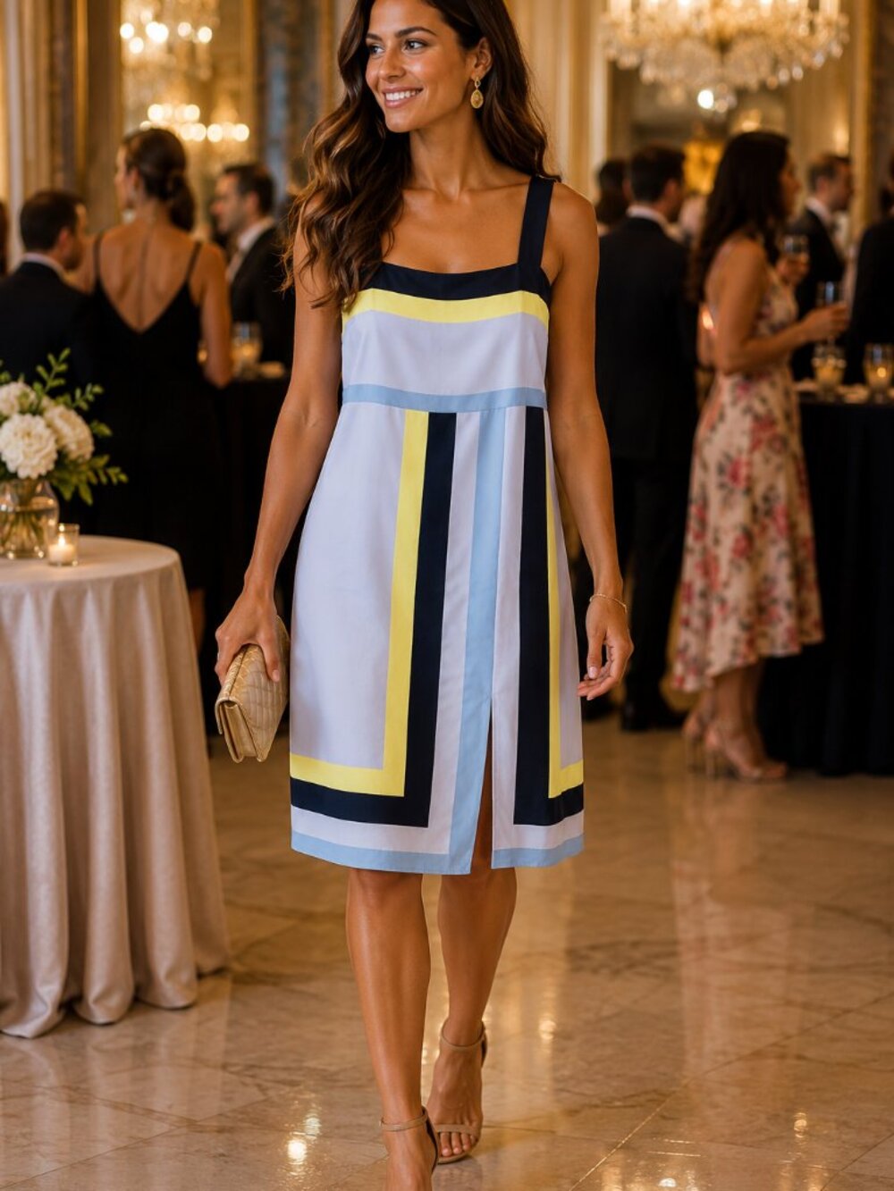 Babaton Shoulder Strap Dress Color block Pastel blue, yellow, white, navy Size 8